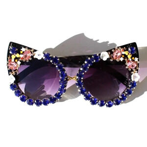 New Rhinestone Cat Eye Sunglasses Luxury Blue Black Flowers Bumble Bee Summer
